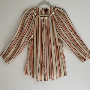 Chaps Peasant Top Size XL Tan White Crinkle Gauze Country Button Down Cotton